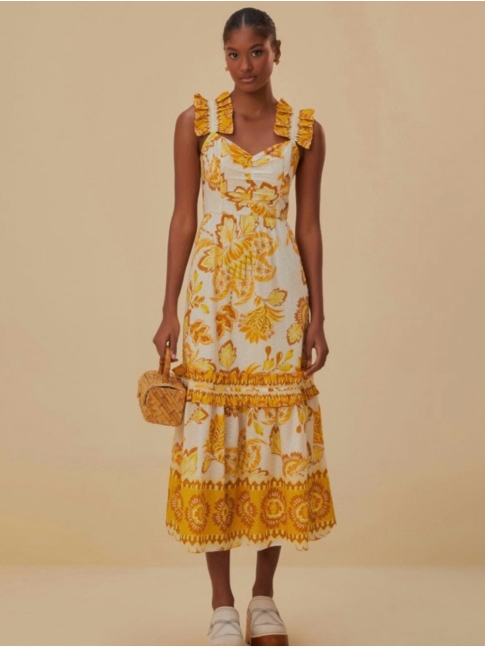 Farm Rio Aura Yellow floral print midi dress with ruffle